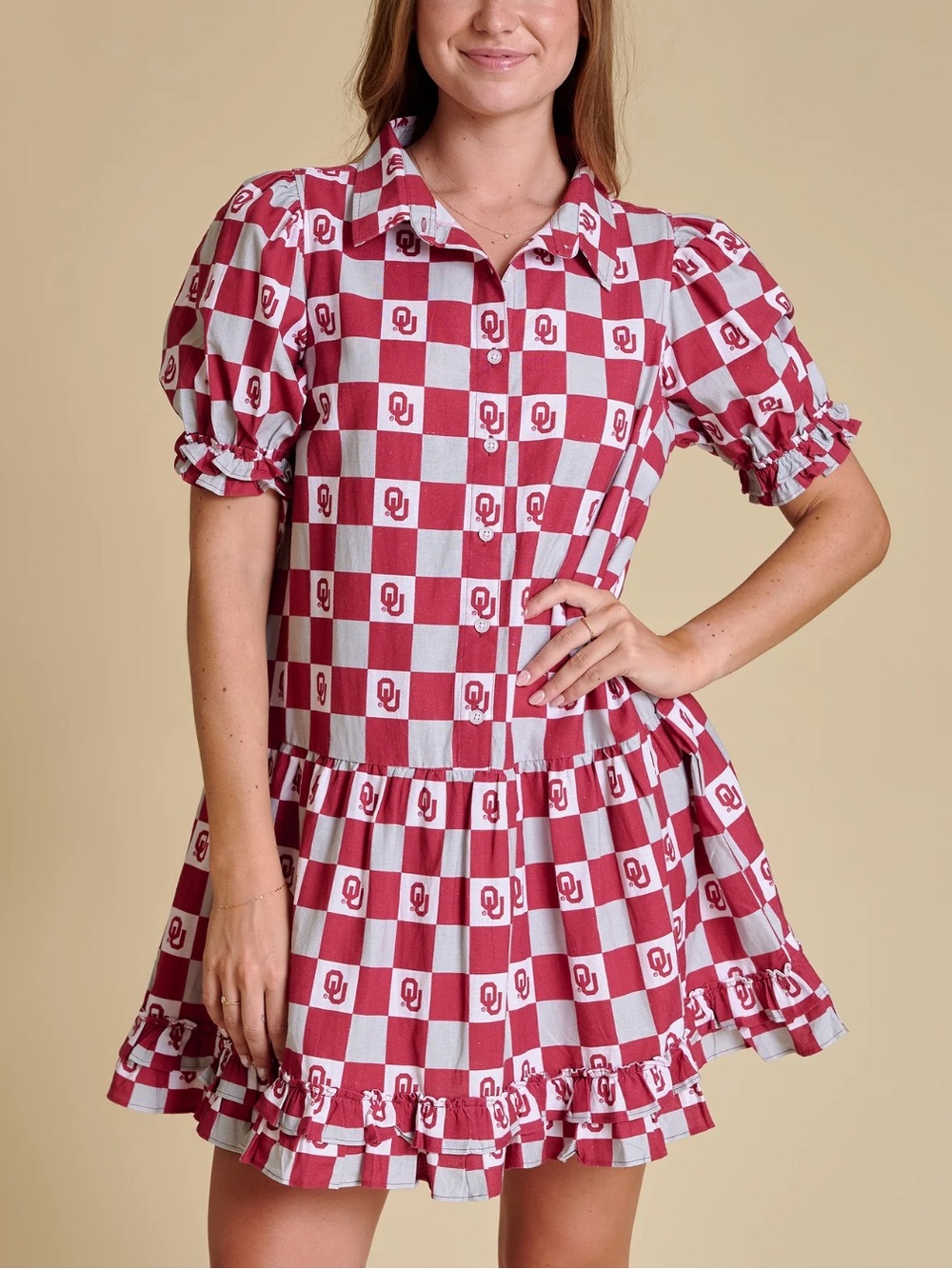 Oaklahoma Sooners Gingham Ruffle Dress Large NWT $152 Pockets Linen Cotton Blend